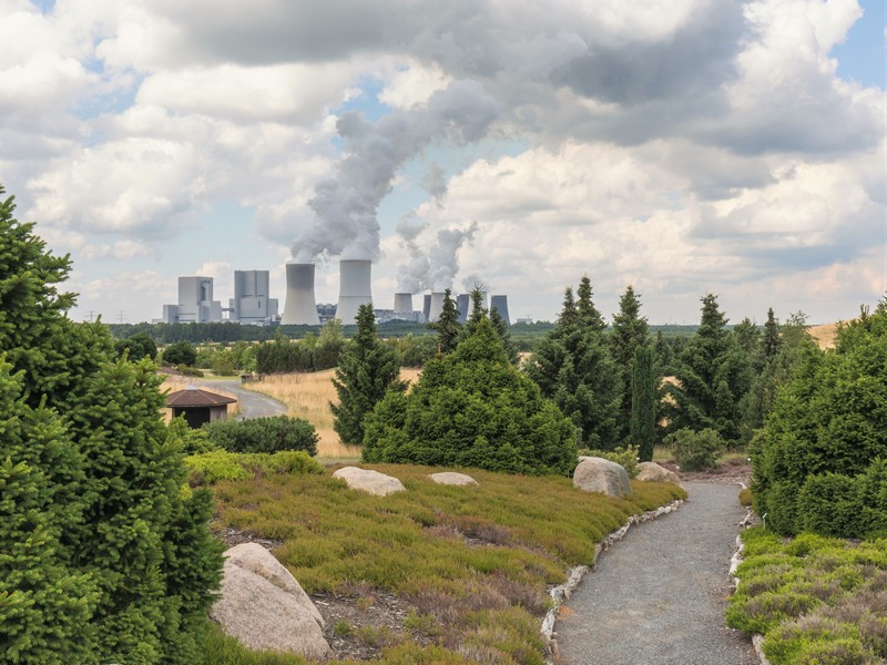 view to coal power plant boxberg from findlingspark nochten in germany
